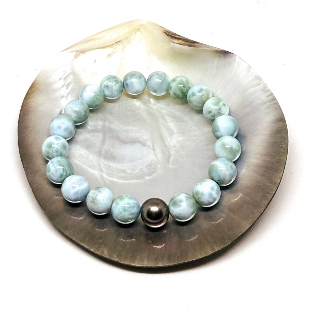 Bracelet larimar et perle de Tahiti ronde