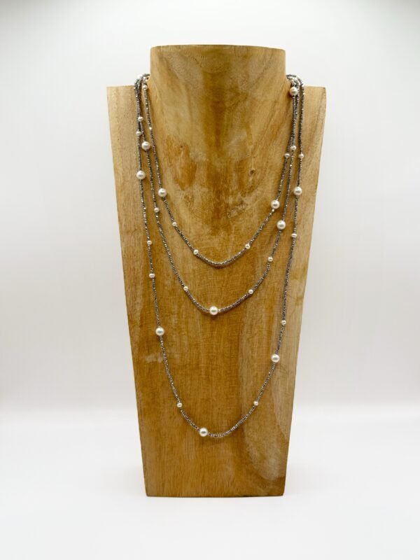 Double Sautoir perle d'eau douce et hématites 150cm